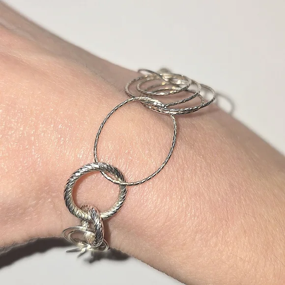 Sterling Silver Circle Link Bracelet Diamond Cut Chain Lobster Clasp 7.5 Inches - Picture 4 of 4